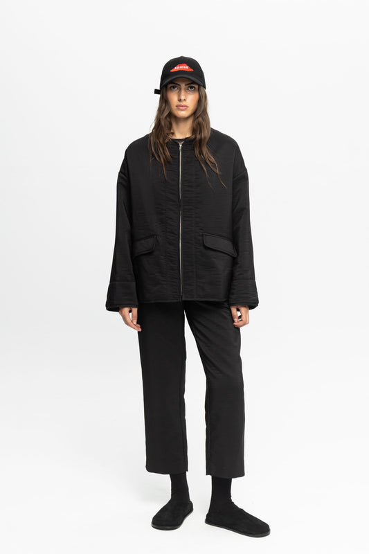 Textured Bomber Jacket-Black and Black