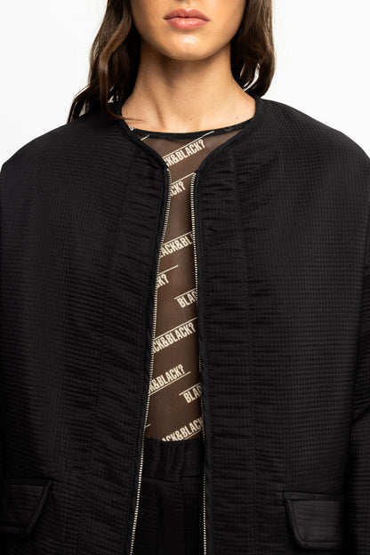 Textured Bomber Jacket-Black and Black
