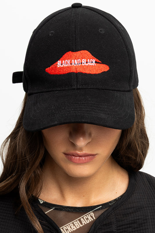 "Lips" Embroidered Baseball Cap-Black and Black