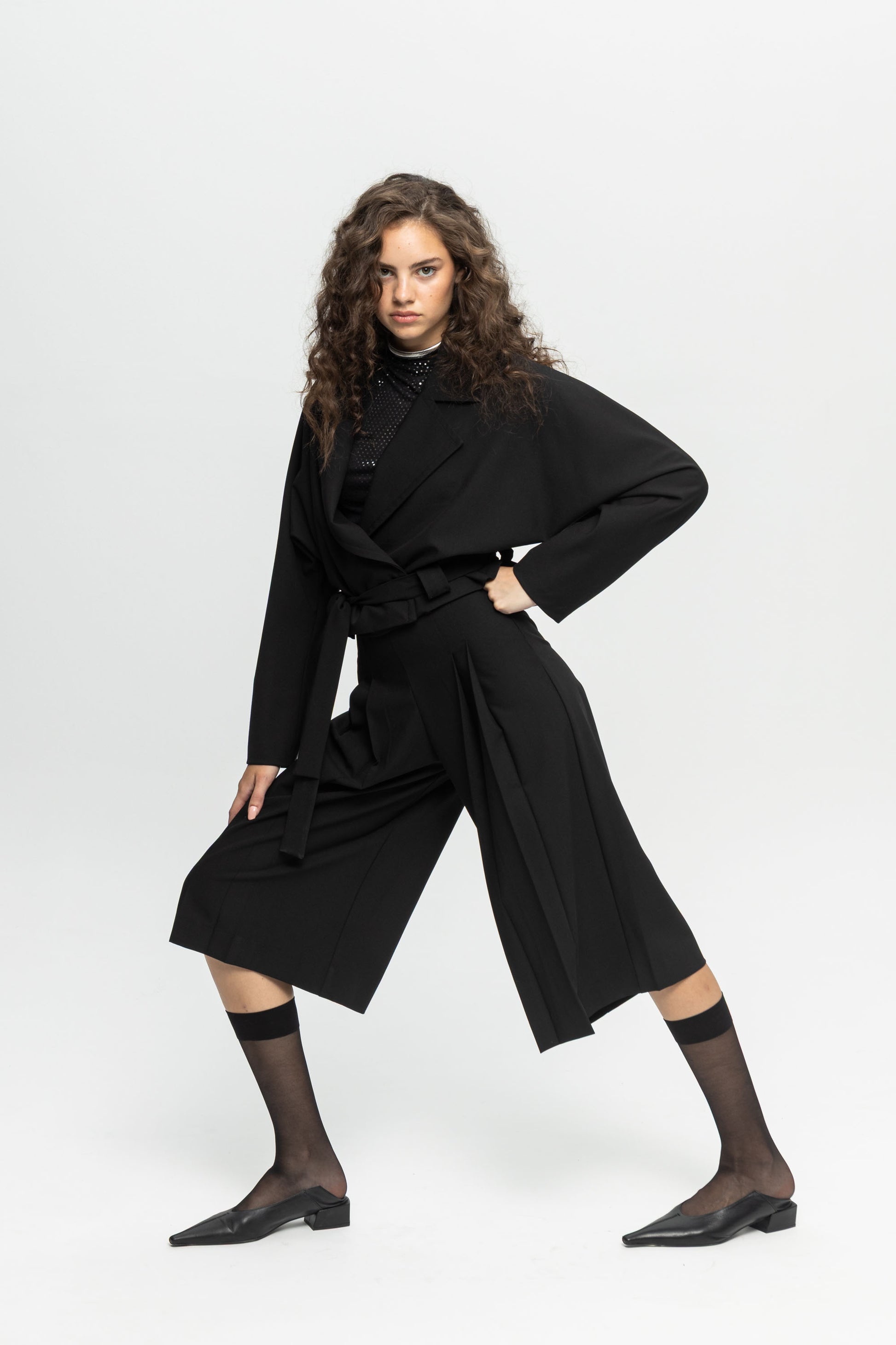 Cropped Belted Jacket-Black and Black