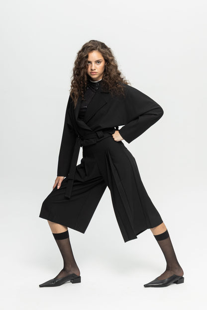 Cropped Belted Jacket-Black and Black