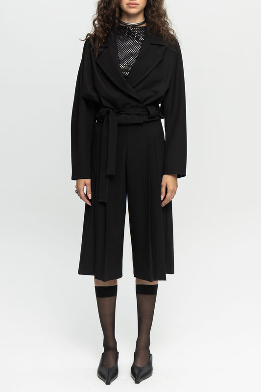 Cropped Belted Jacket-Black and Black