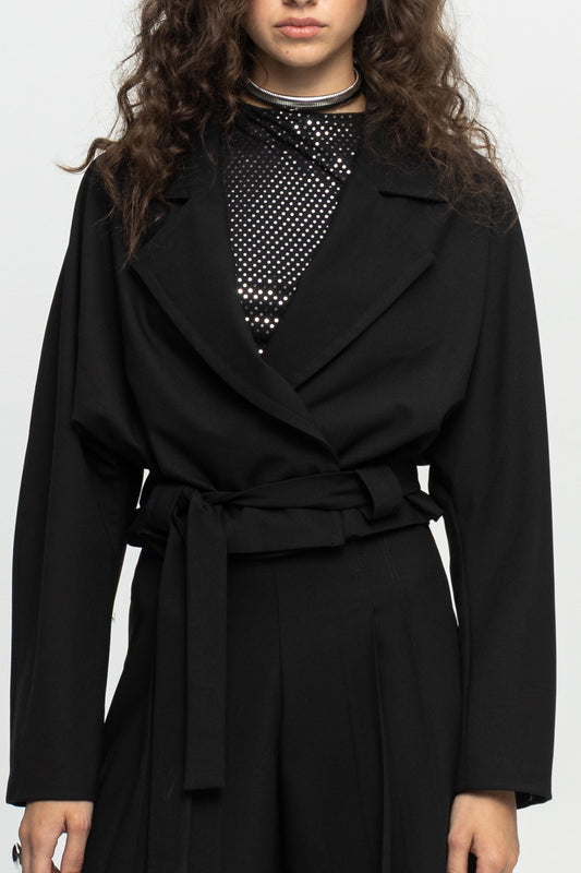 Cropped Belted Jacket-Black and Black
