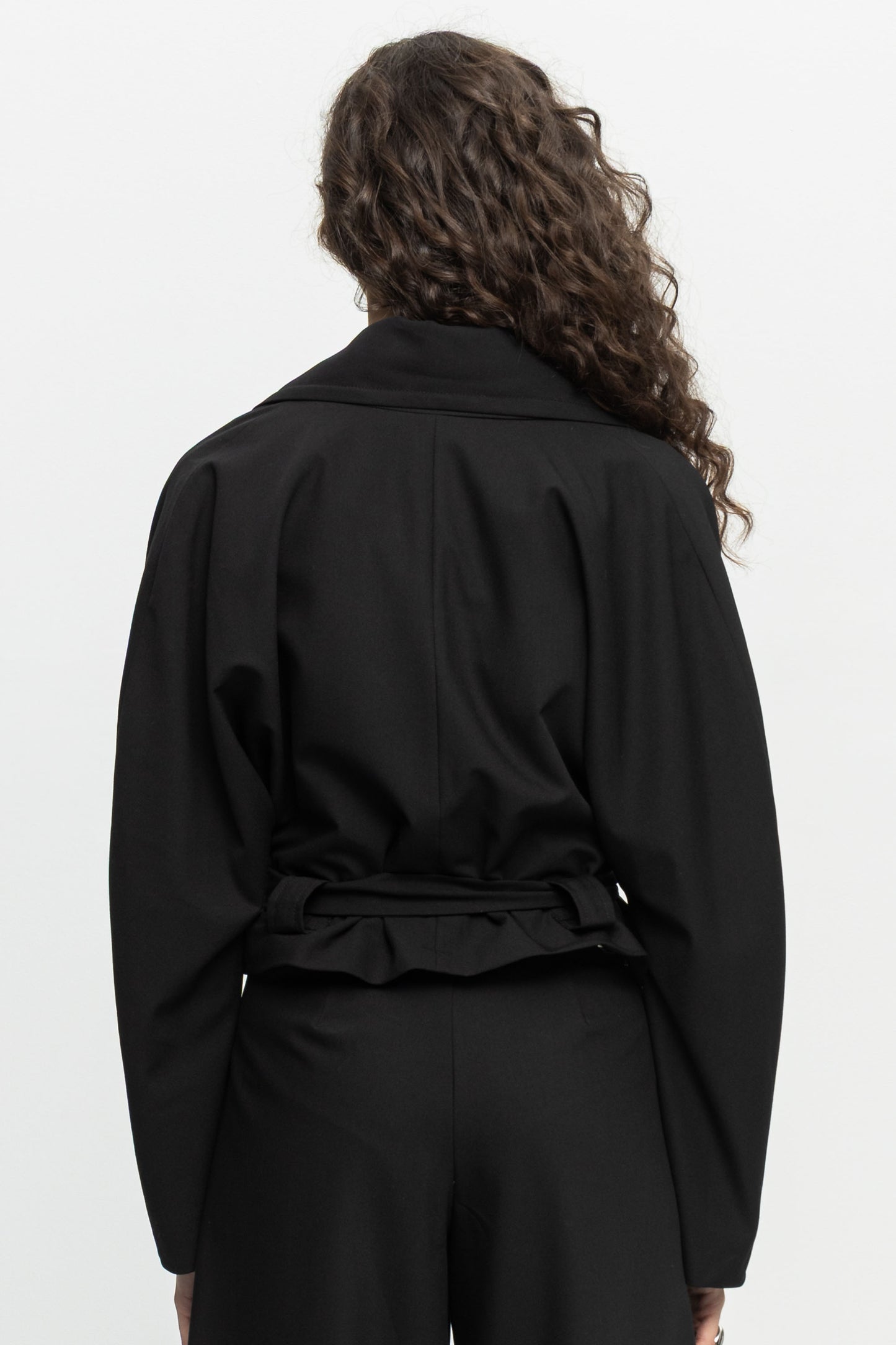 Cropped Belted Jacket-Black and Black