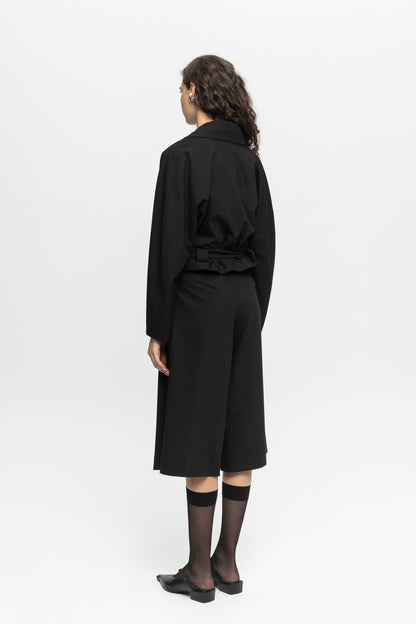 Cropped Belted Jacket-Black and Black