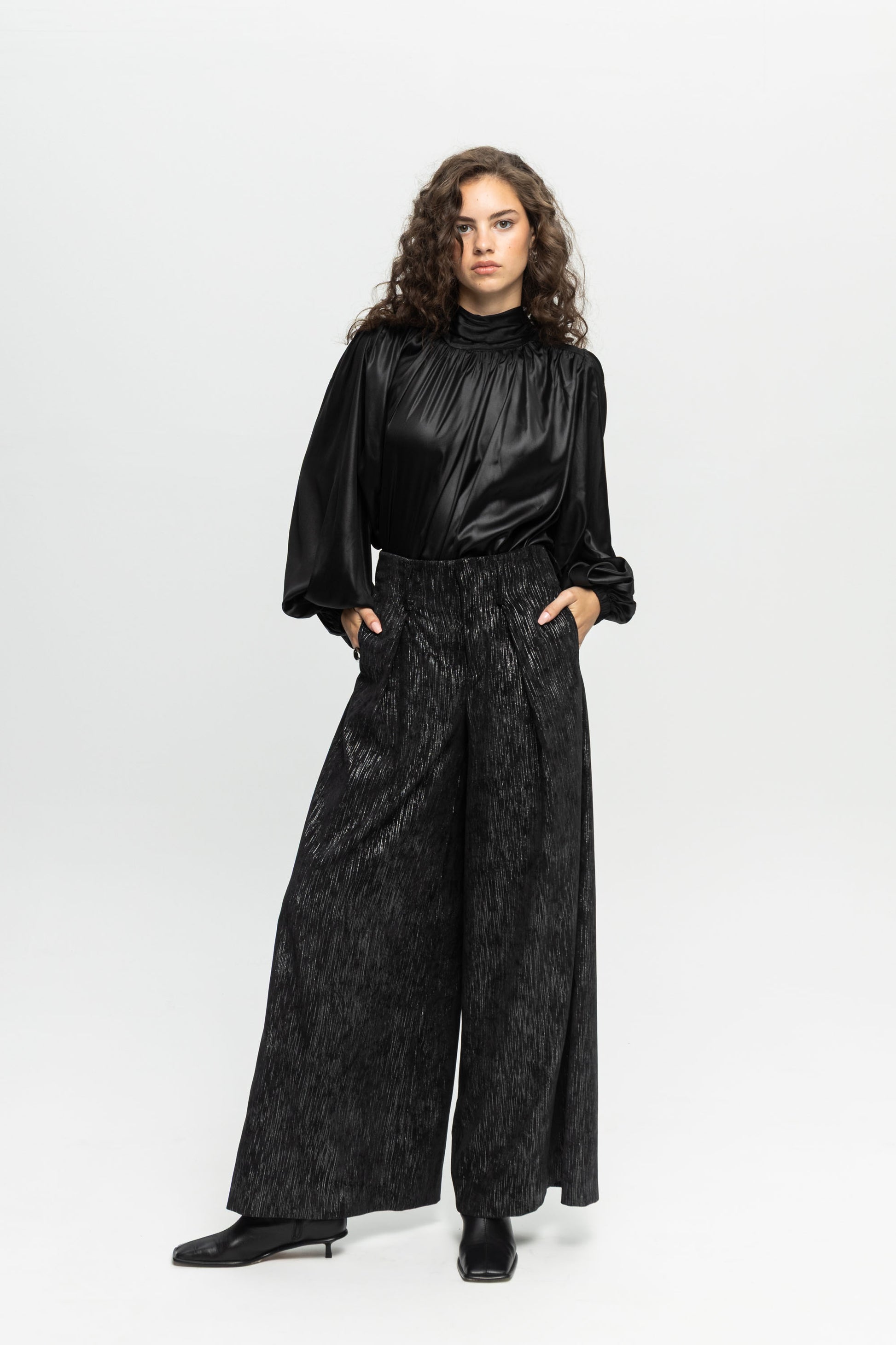 Metallic Wide Pants-Black and Black