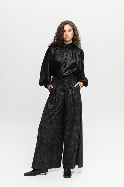 Metallic Wide Pants-Black and Black