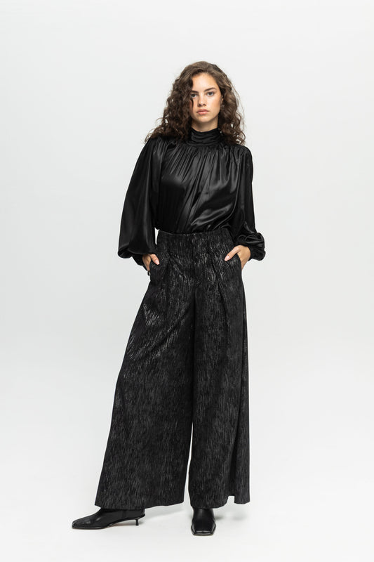 Metallic Wide Pants-Black and Black
