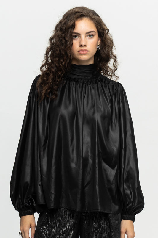 Satin Open-Back Blouse-Black and Black