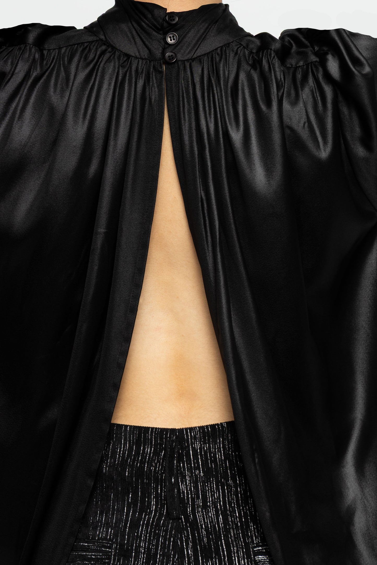 Satin Open-Back Blouse-Black and Black