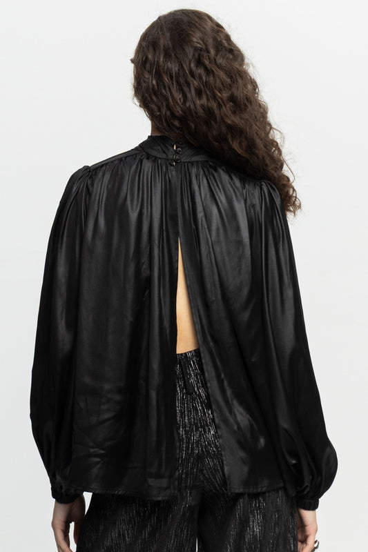 Satin Open-Back Blouse-Black and Black