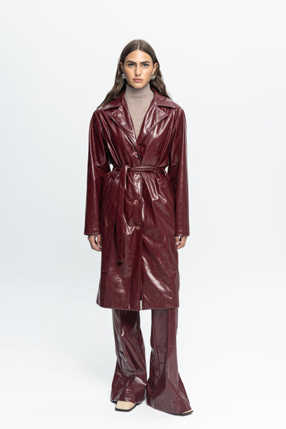 Burgundy Leather Coat-Black and Black
