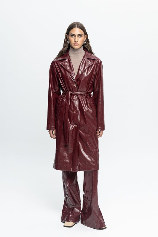 Burgundy Leather Coat-Black and Black