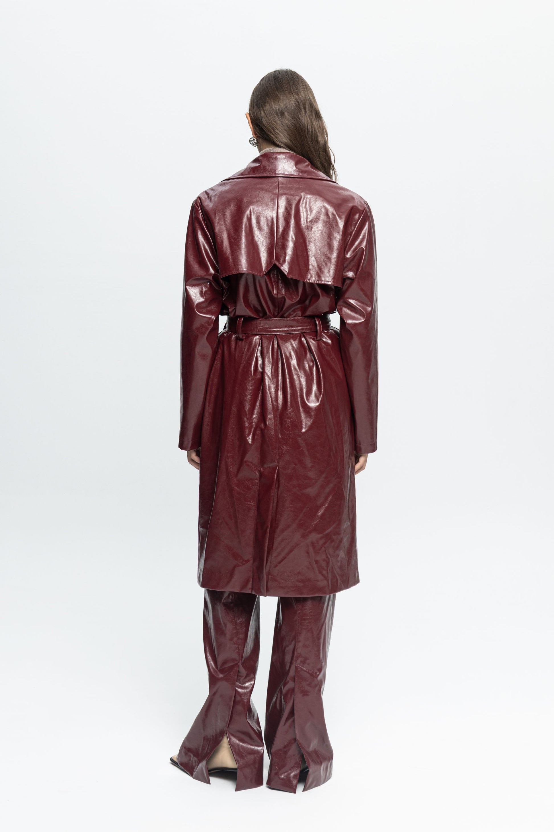 Burgundy Leather Coat-Black and Black