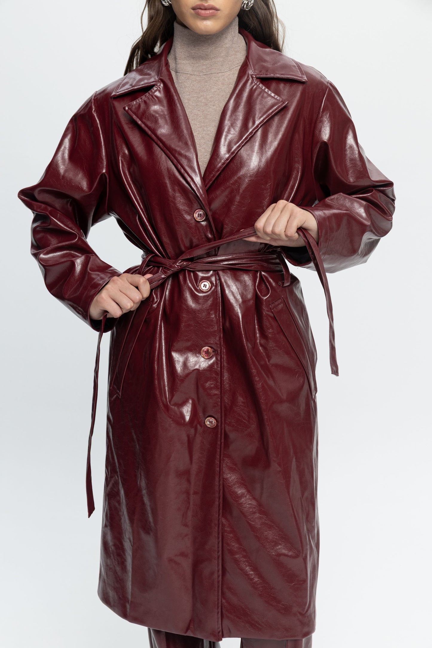 Burgundy Leather Coat-Black and Black