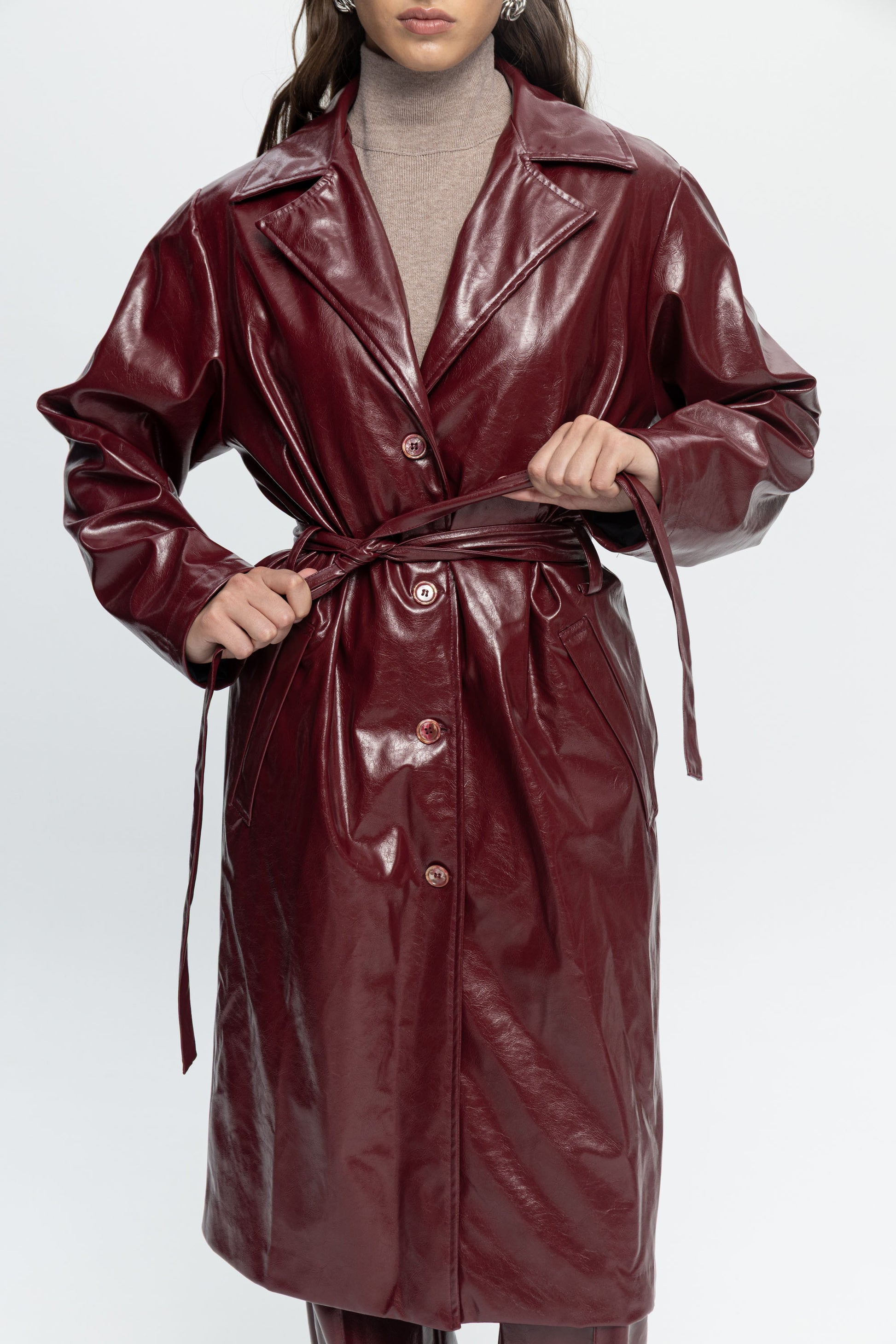 Burgundy Leather Coat-Black and Black