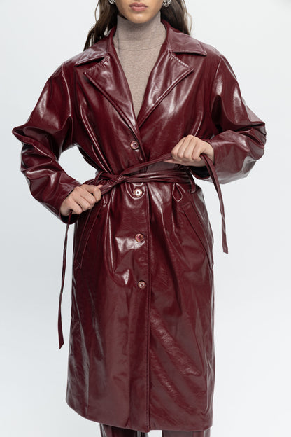 Burgundy Leather Coat-Black and Black