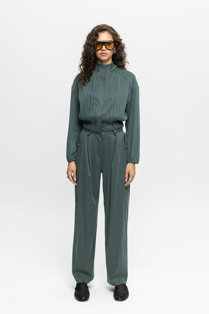 Pleated Wide-Leg Cargo Pants-Black and Black