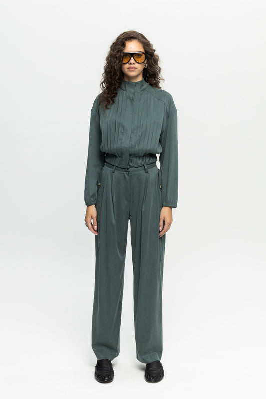 Pleated Wide-Leg Cargo Pants-Black and Black