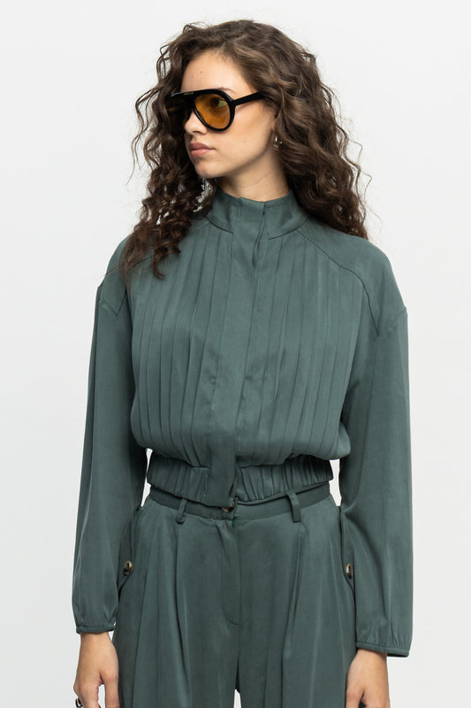 Pleated High-Neck Jacket-Black and Black