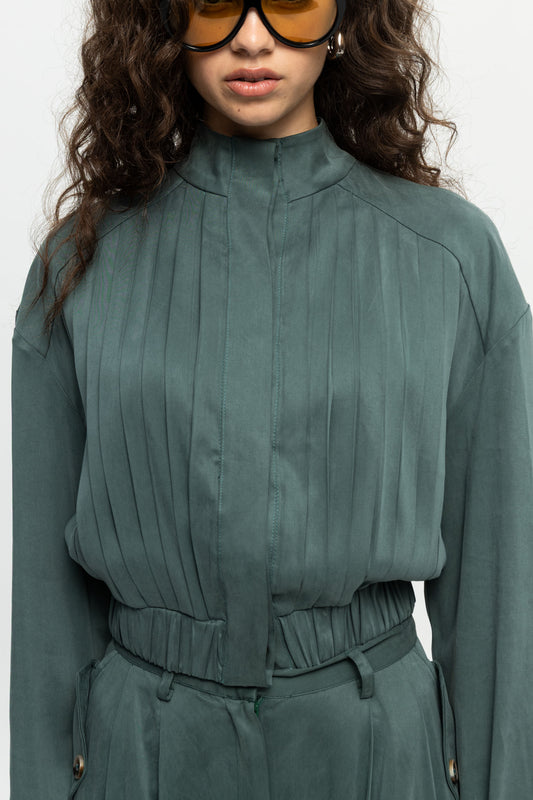 Pleated High-Neck Jacket-Black and Black