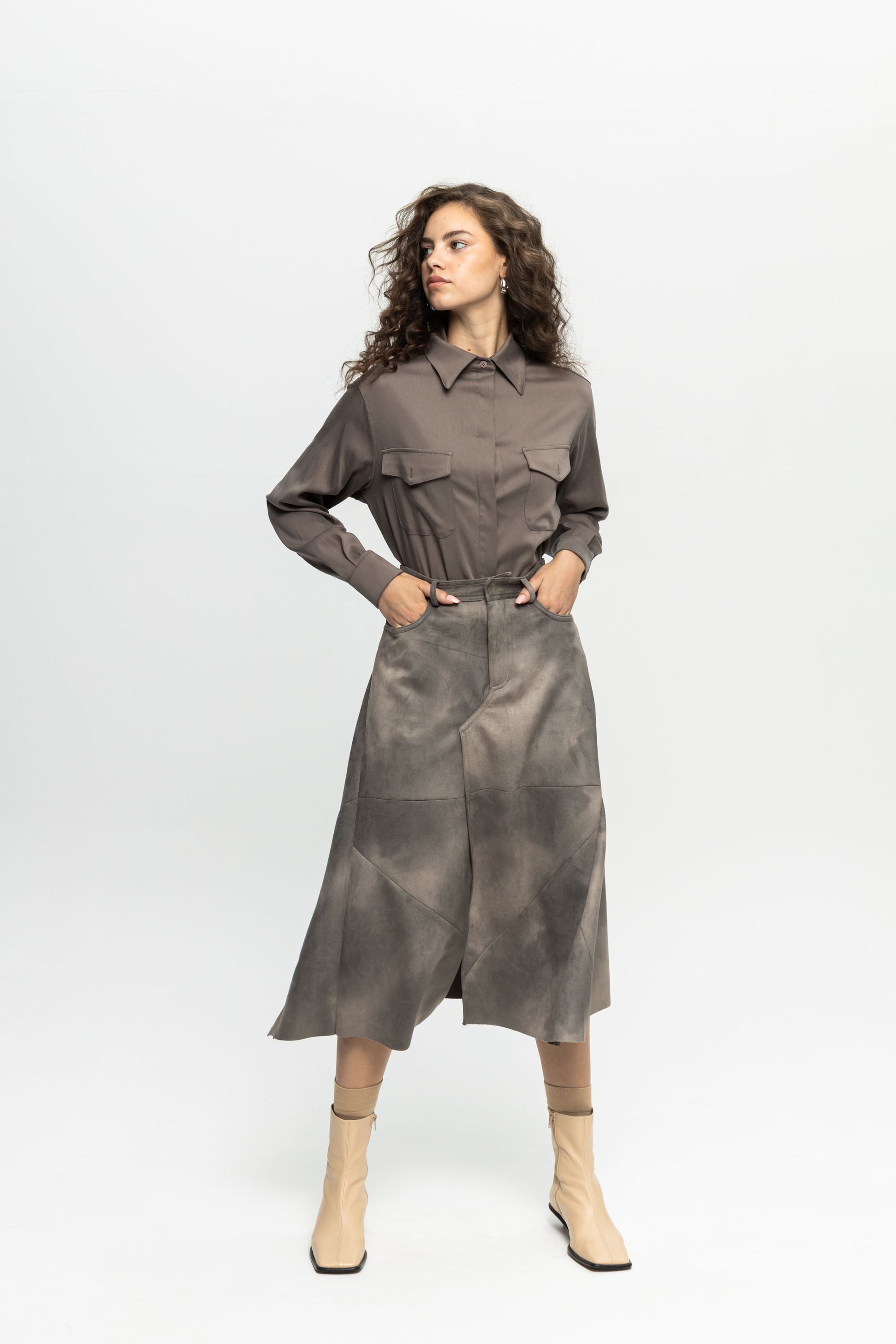 Suede Patchwork Skirt-Black and Black
