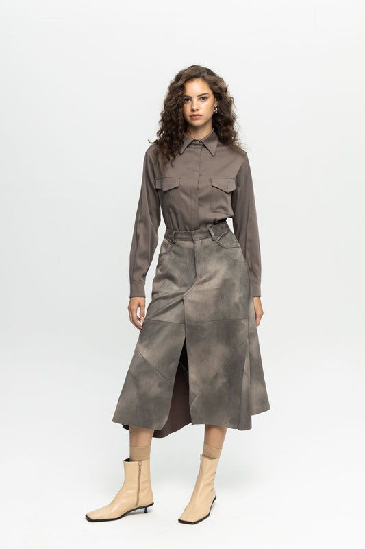 Suede Patchwork Skirt-Black and Black