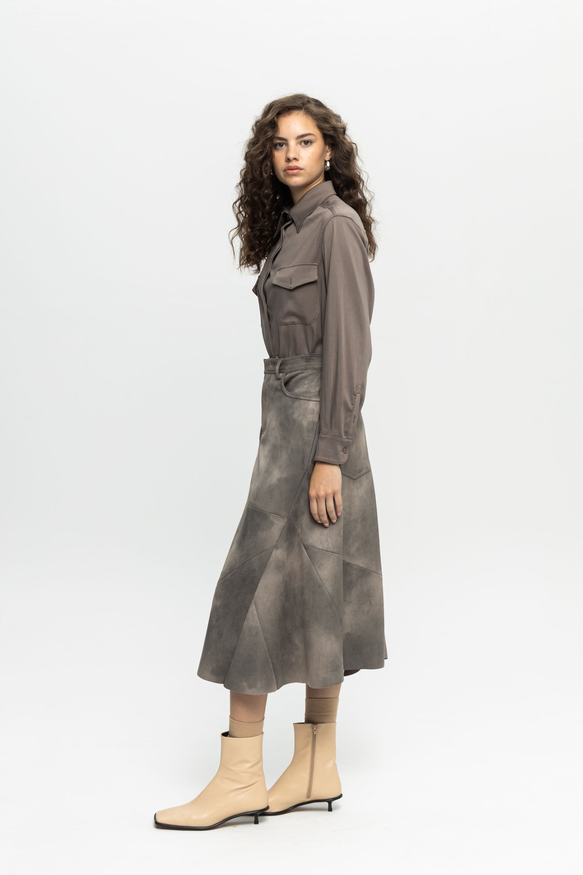 Suede Patchwork Skirt-Black and Black