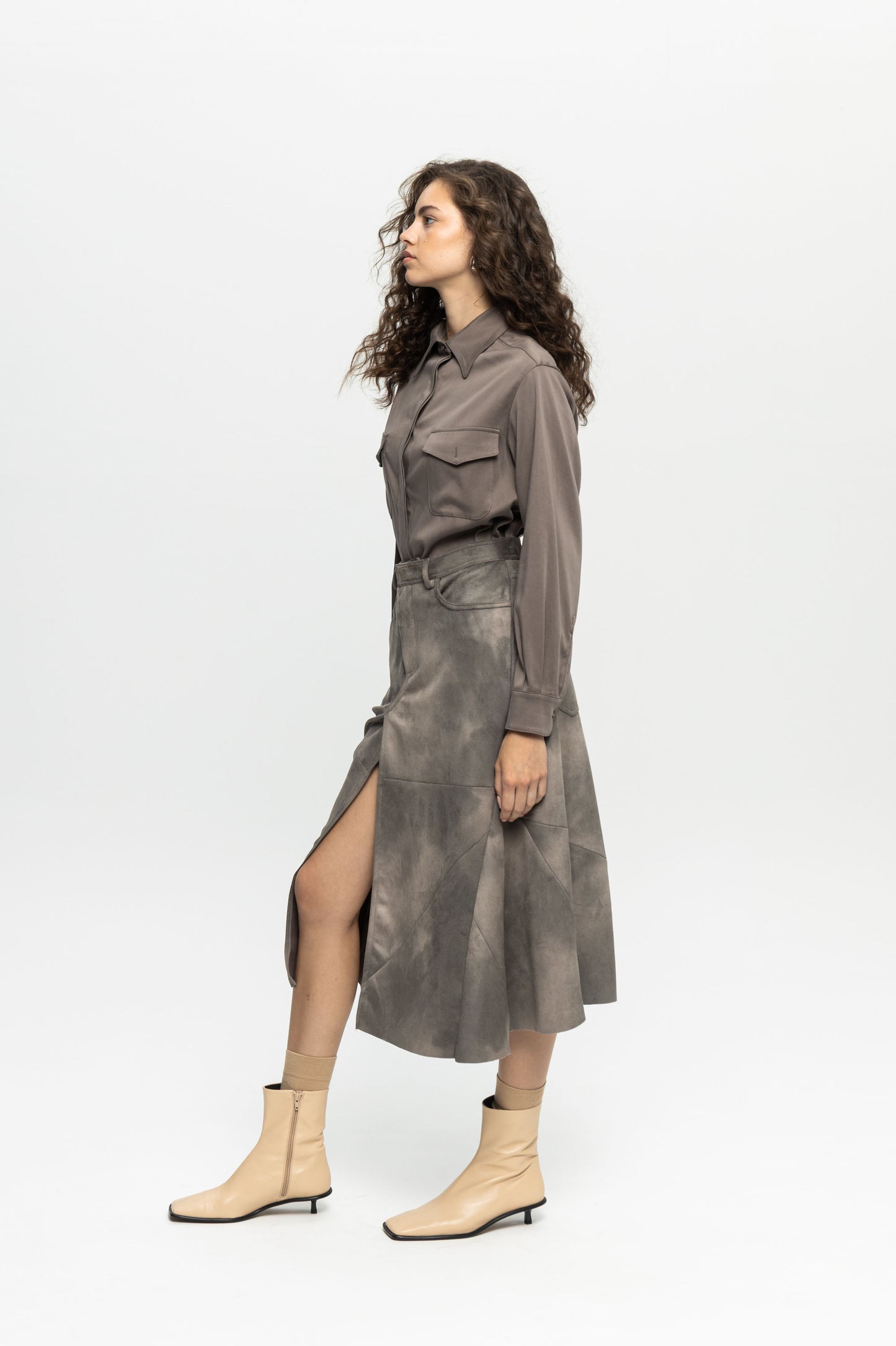 Suede Patchwork Skirt-Black and Black