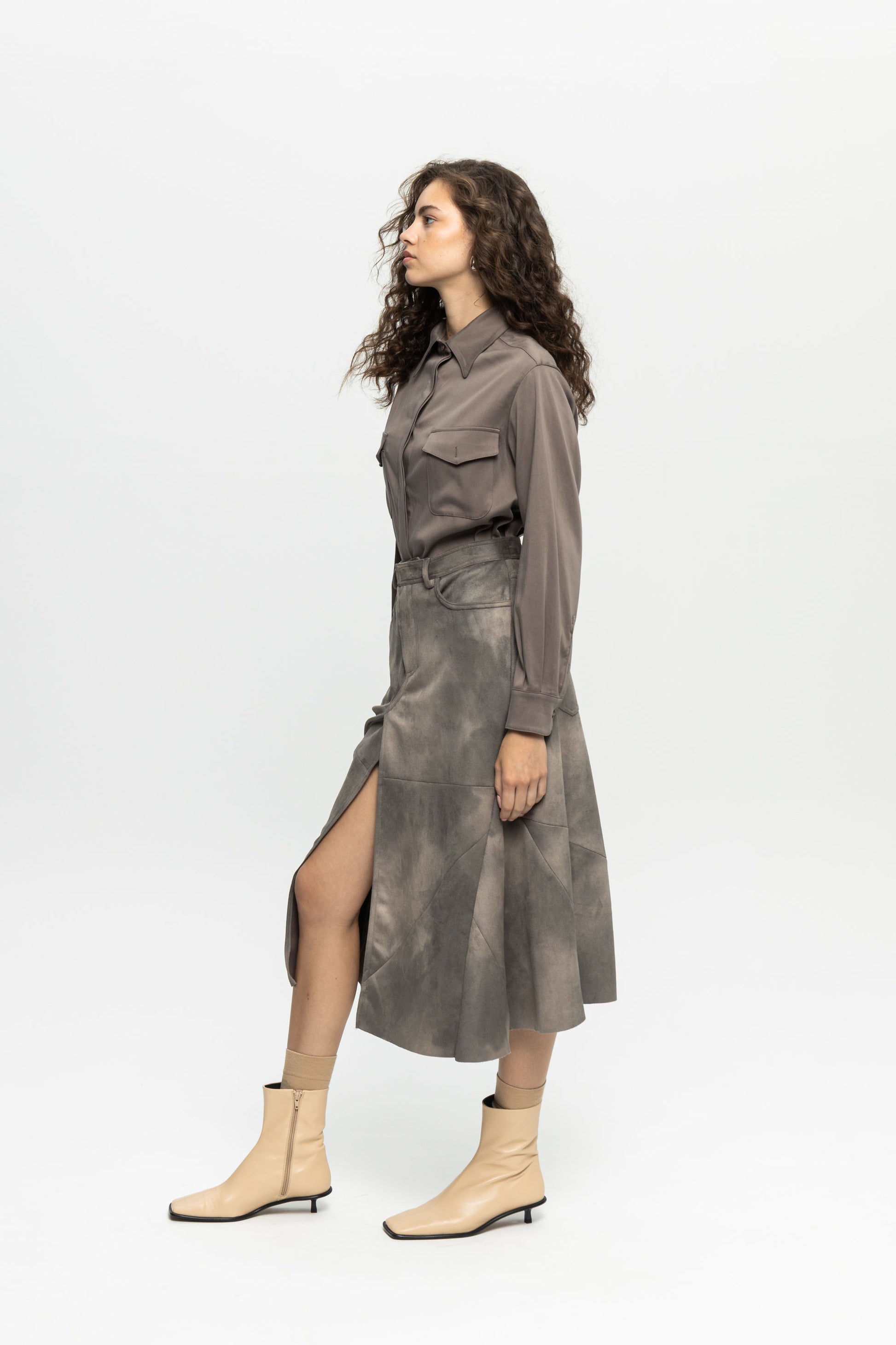Suede Patchwork Skirt-Black and Black