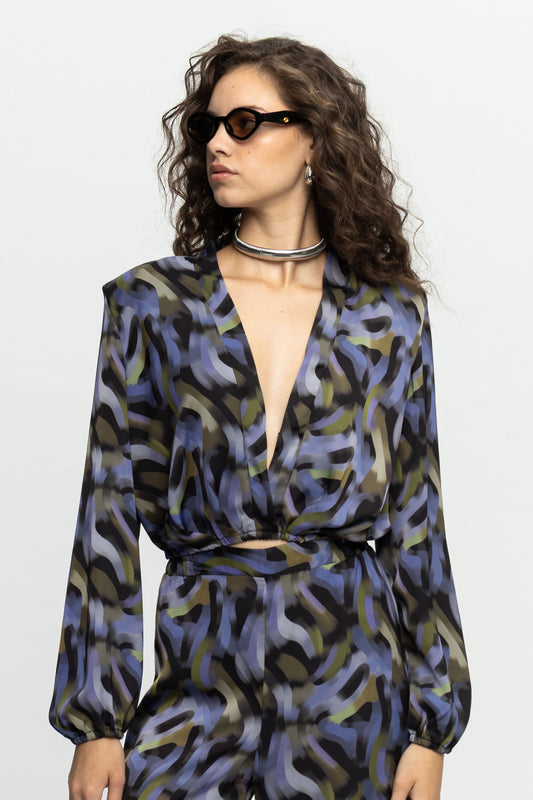 "Purple Haze" Crop Blouse-Black and Black