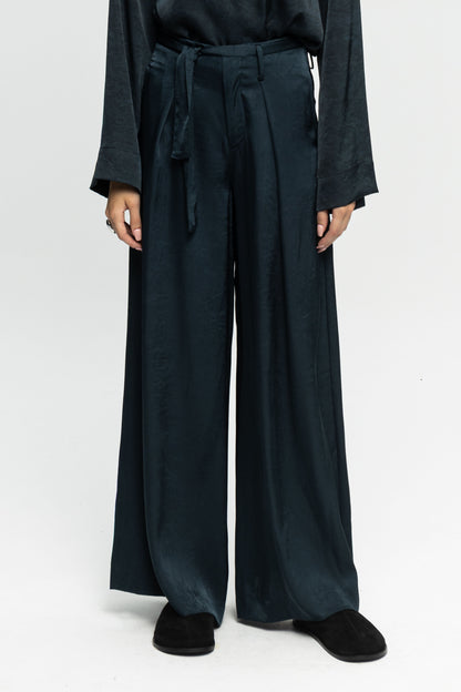Petrol Satin Pants-Black and Black