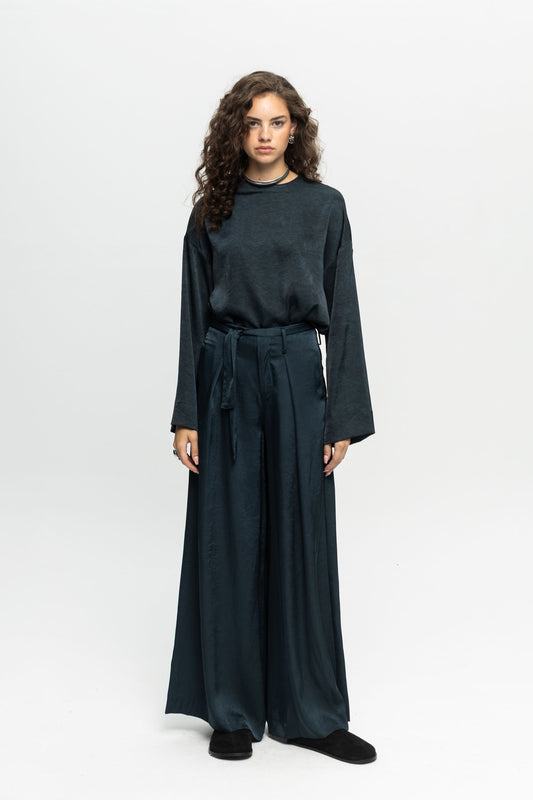 Petrol Satin Pants-Black and Black