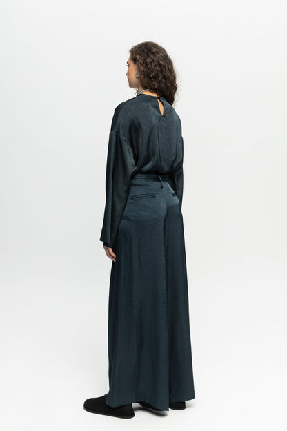 Petrol Satin Pants-Black and Black