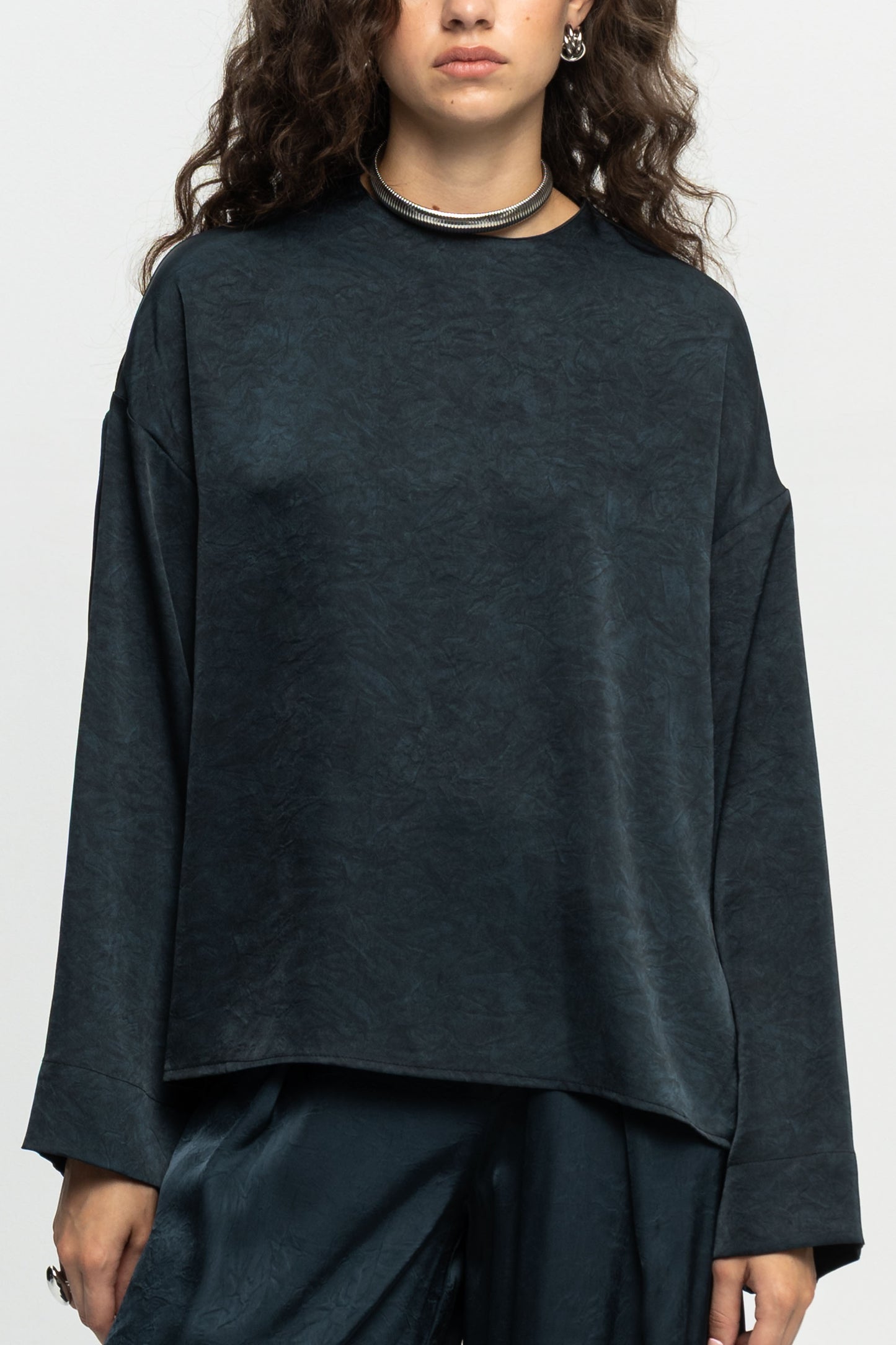 Petrol Long-Sleeve Blouse-Black and Black