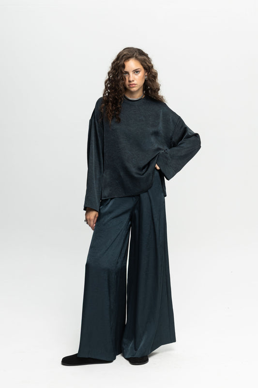Petrol Long-Sleeve Blouse-Black and Black