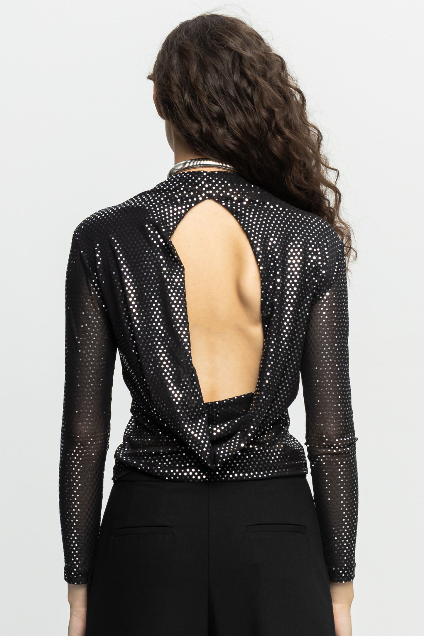 Metallic Open Back Top-Black and Black