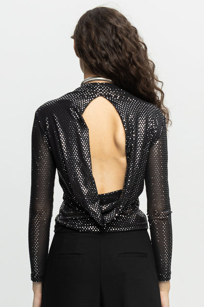 Metallic Open Back Top-Black and Black
