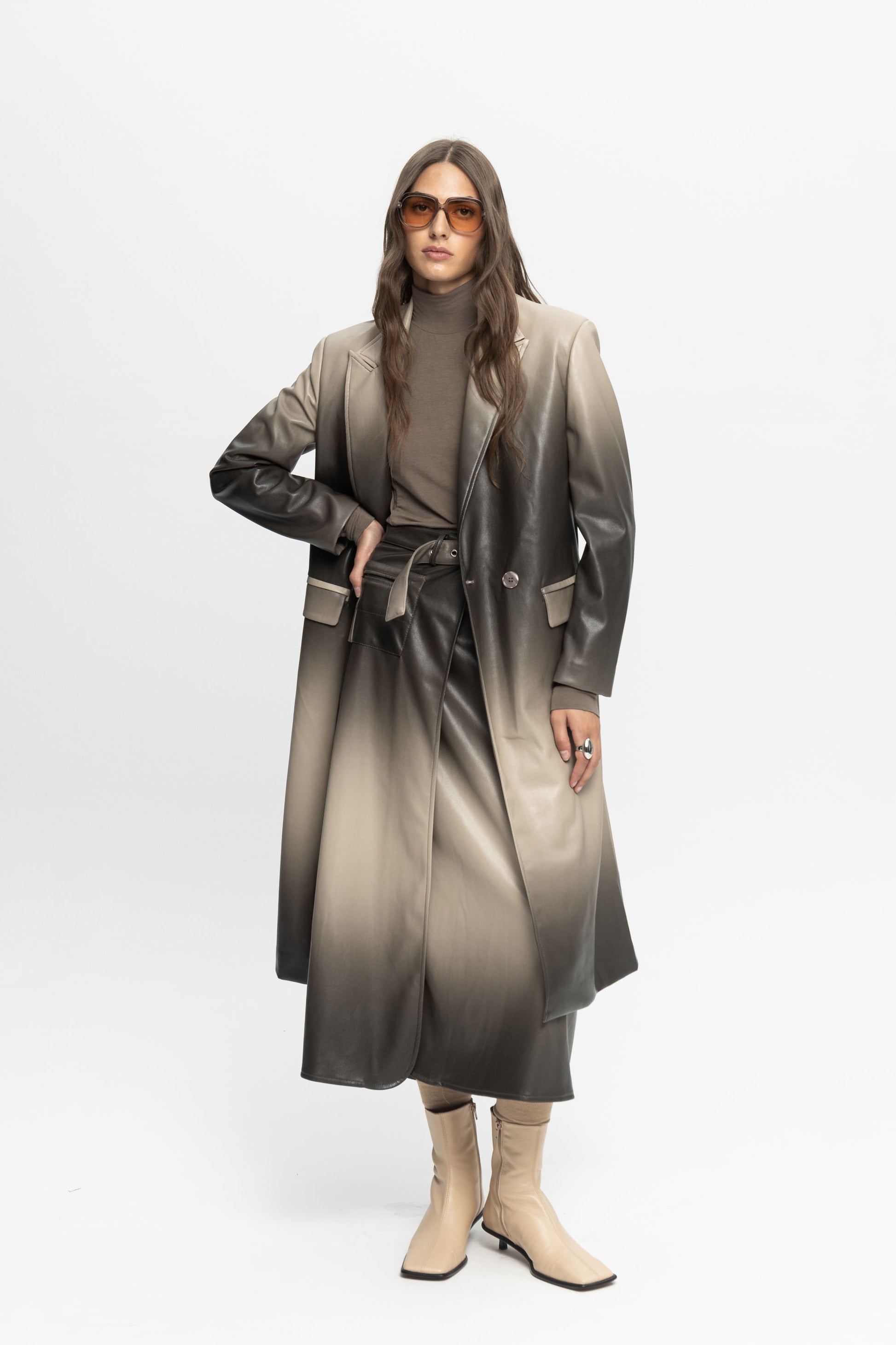 Ombre Leather Coat-Black and Black
