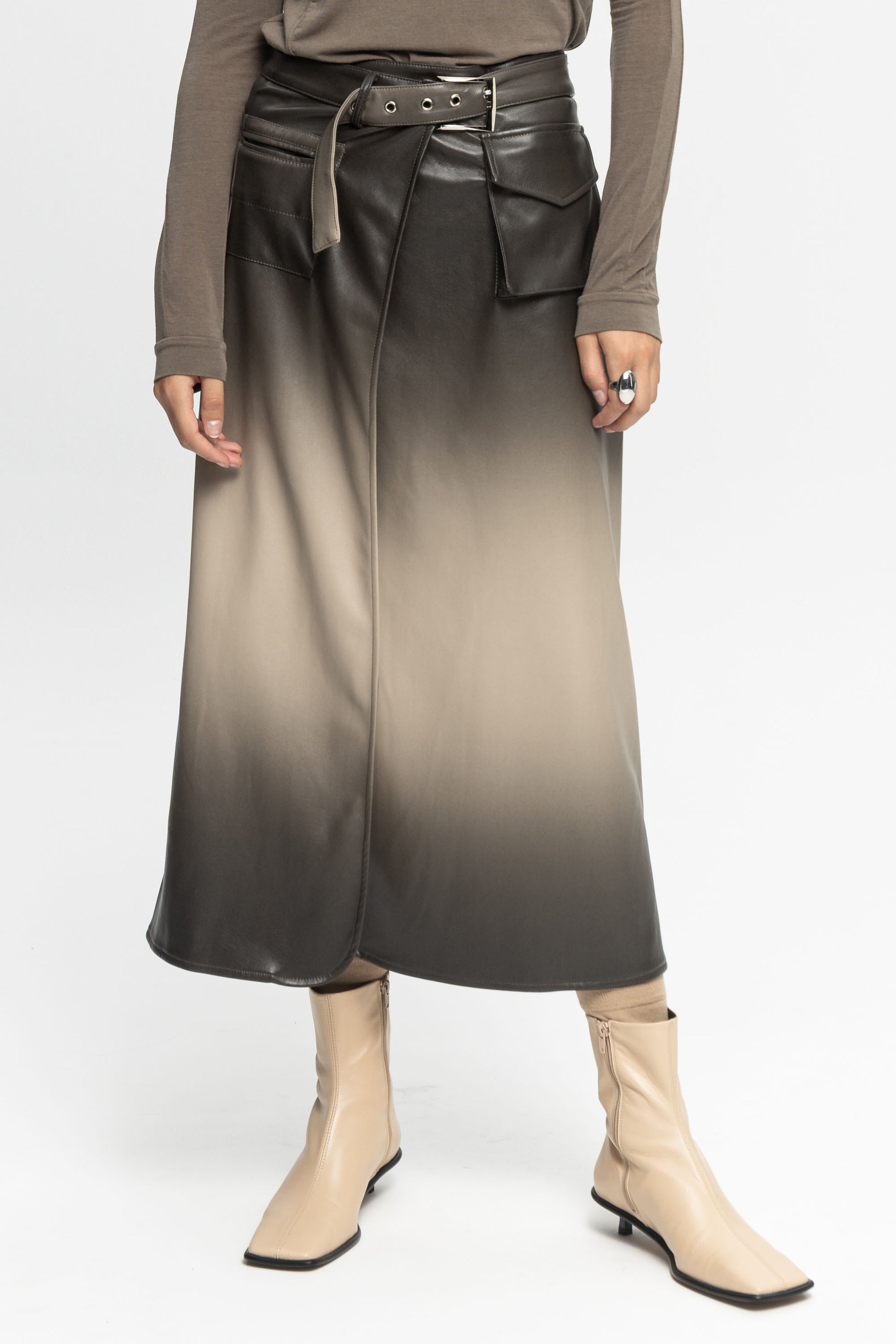 Ombre Leather Skirt-Black and Black