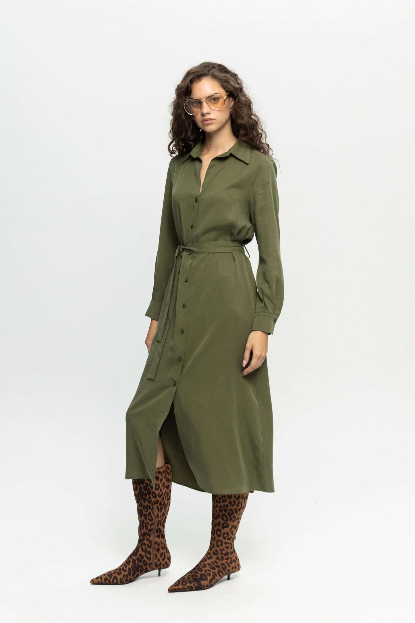 Green Shirt Dress-Black and Black