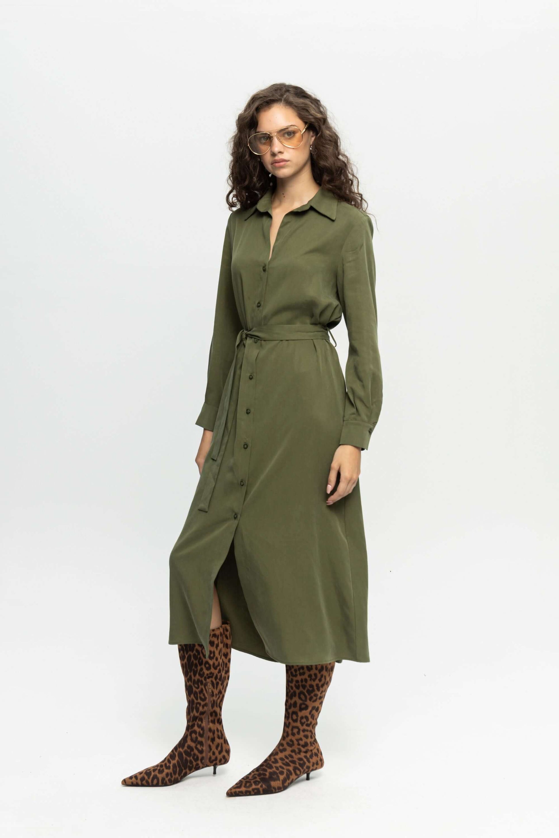 Green Shirt Dress-Black and Black