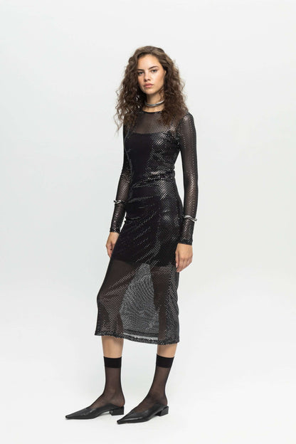 Metallic Midi Dress-Black and Black