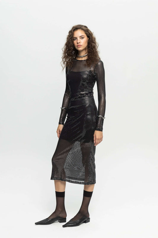 Metallic Midi Dress-Black and Black