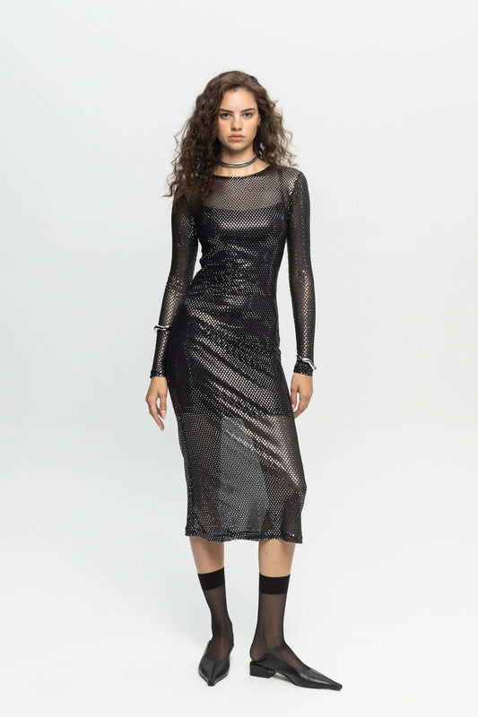 Metallic Midi Dress-Black and Black