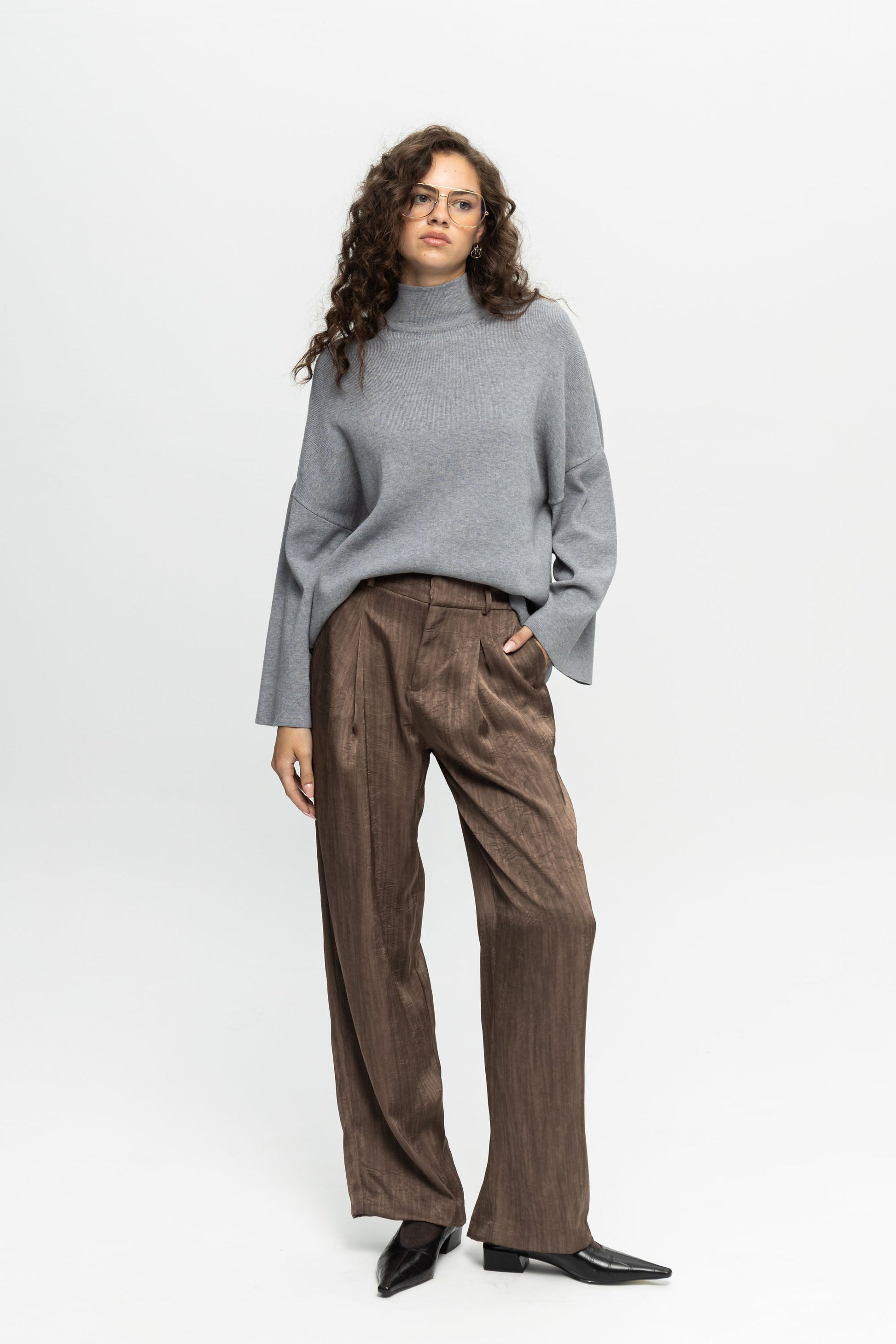 Taupe Wide-Leg Trousers-Black and Black