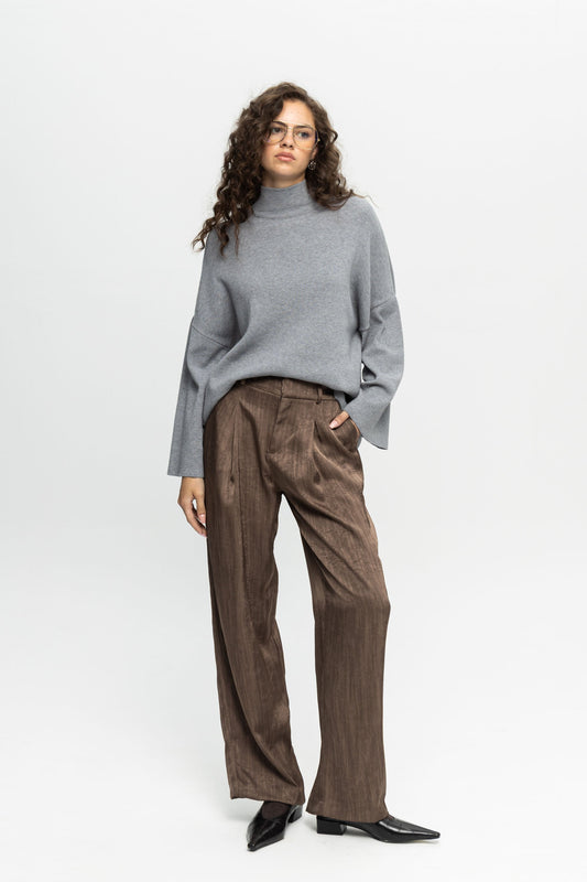 Taupe Wide-Leg Trousers-Black and Black