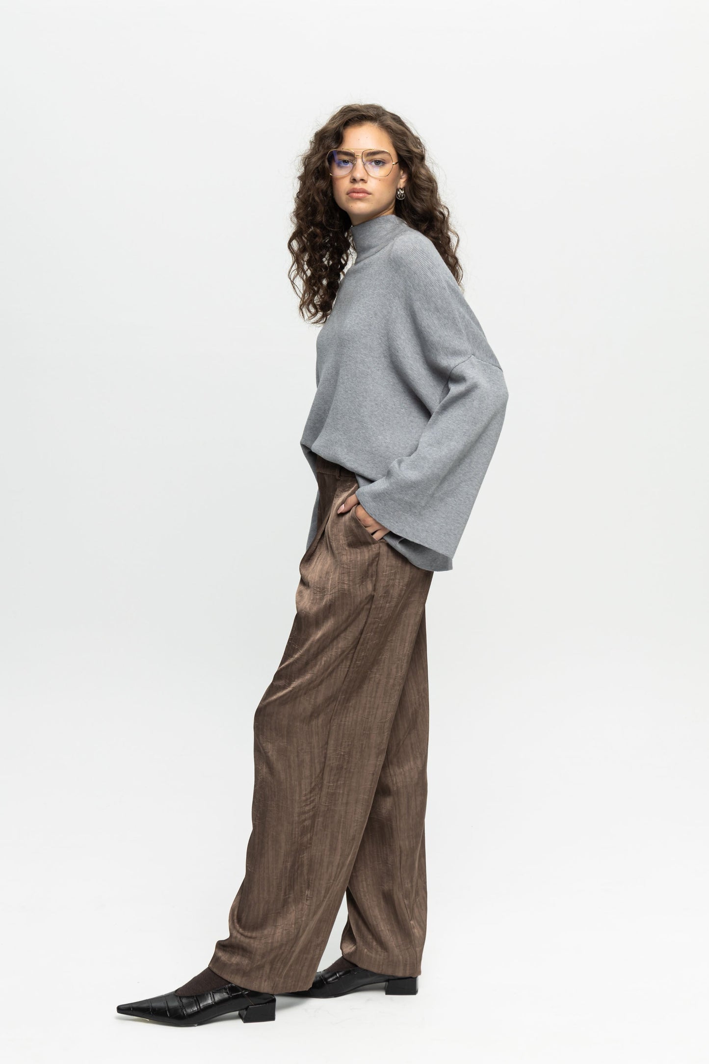 Taupe Wide-Leg Trousers-Black and Black