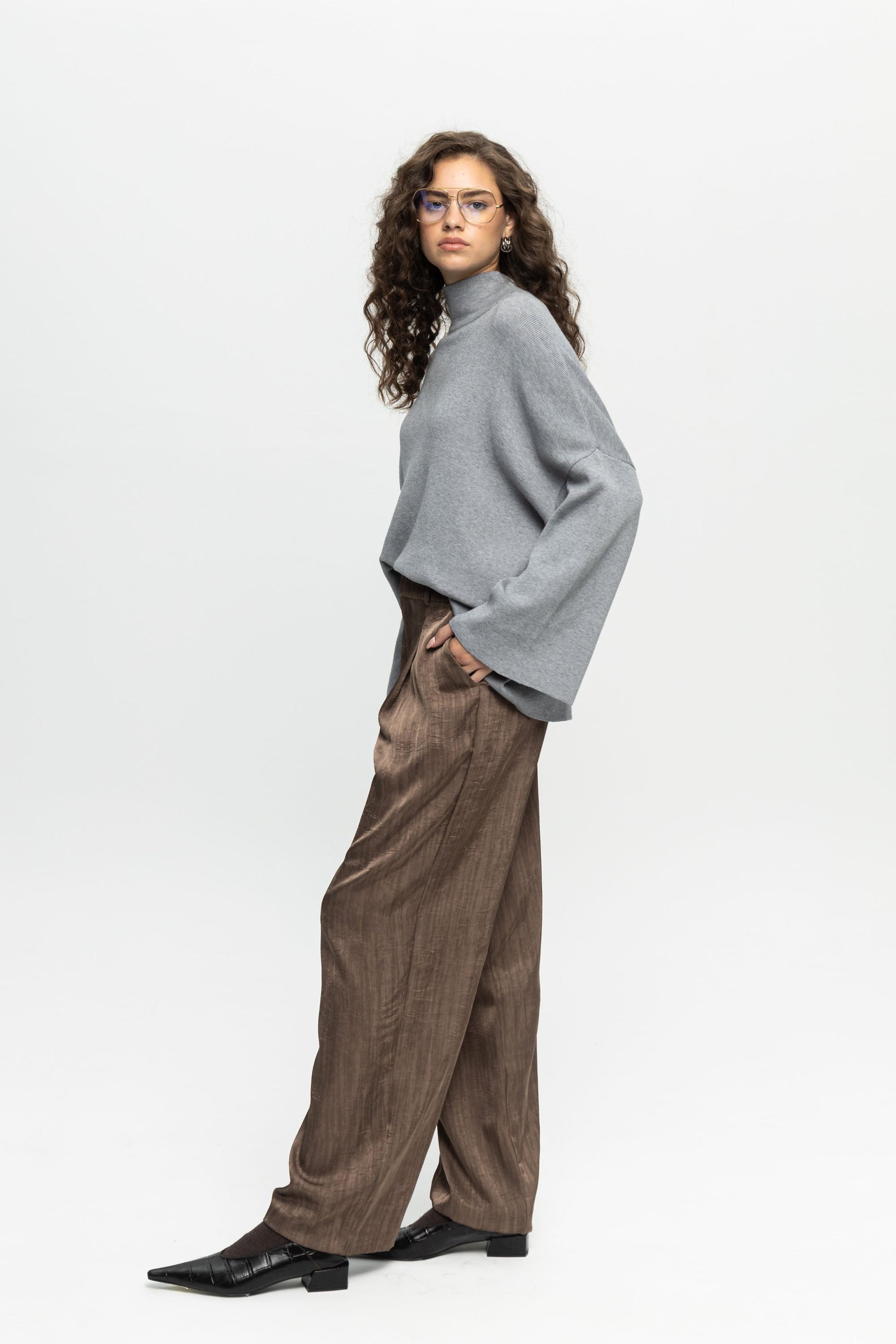 Taupe Wide-Leg Trousers-Black and Black