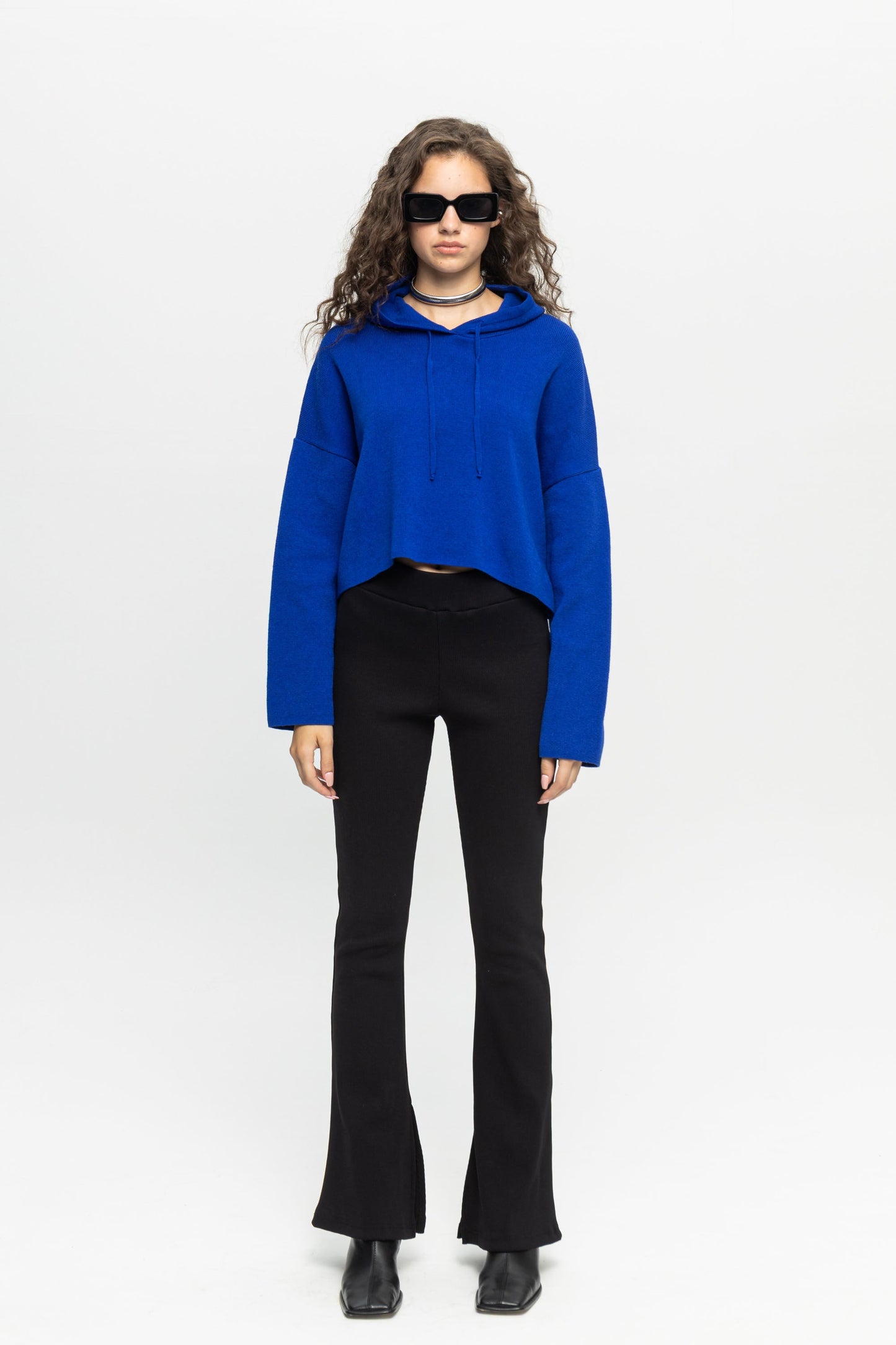 Blue Crop Hoodie-Black and Black